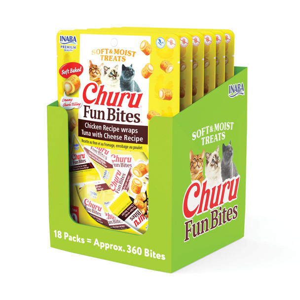 Inaba Churu Fun Bites For Cats Soft & Chewy Cat Treats With Taurine 0.42 Ounces Each Tetra 18 Tetras (3 Per Bag) Tuna With Cheese Recipe