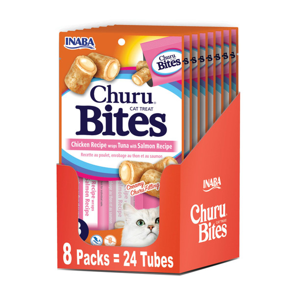 Inaba Churu Bites For Cats Soft Baked Chicken Churu Filled Cat Treats With Vitamin E 0.35 Ounces Each Tube 24 Tubes Total (3 Per Pack) Tuna Recipe