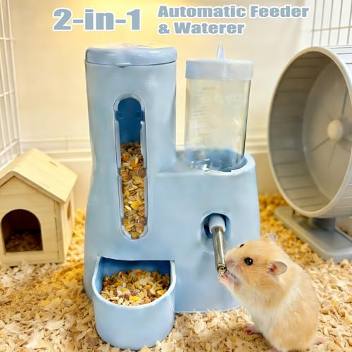 Ivicoo Hamster Food Bowl Guinea Pig Water Bottle No Drip - 2-In-1 Automatic Feeder And Waterer With Roller Ball Design 300Ml+80Ml