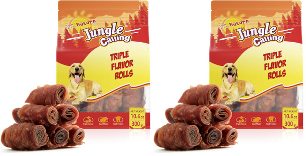 Jungle Calling Triple Flavor Rolls Dog Treats Made With Real Chicken Duck Beef Meat Rawhide Dogs SnacksHealthy Easily Digestible And High Protein Treat 10.6 Oz