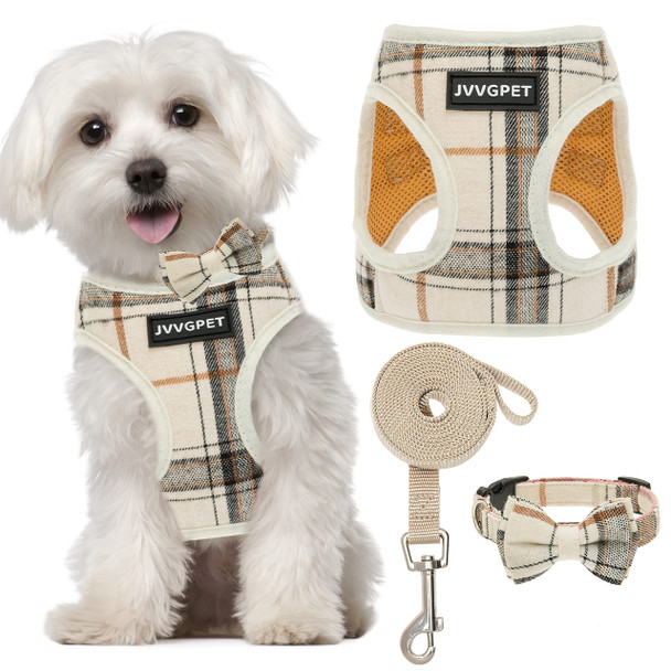 Jvvgpet Dog Harness For Small Dogs - Plaid No Pull Dog Vest Harness And Leash Set - Step In Reflective Adjustable Soft Mesh Full Body Dog Harness For Walking Running Training...