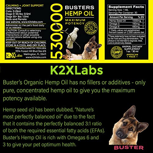 K2Xlabs Busters Organic Hemp Oil 530000 2Pack 2Month Supply For Dogs And Cats Made In Usa Omega Rich 3 6 And 9 Hip & Joint Health Natural Soothing Relief
