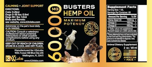 K2Xlabs Buster'S Organic Hemp Oil Large 60 Milliliters 2Pack 4Month Supply For Dogs Cats Made In Usa Omega Rich 3 6 And 9 Hip And Joint Health Natural Relief Calming