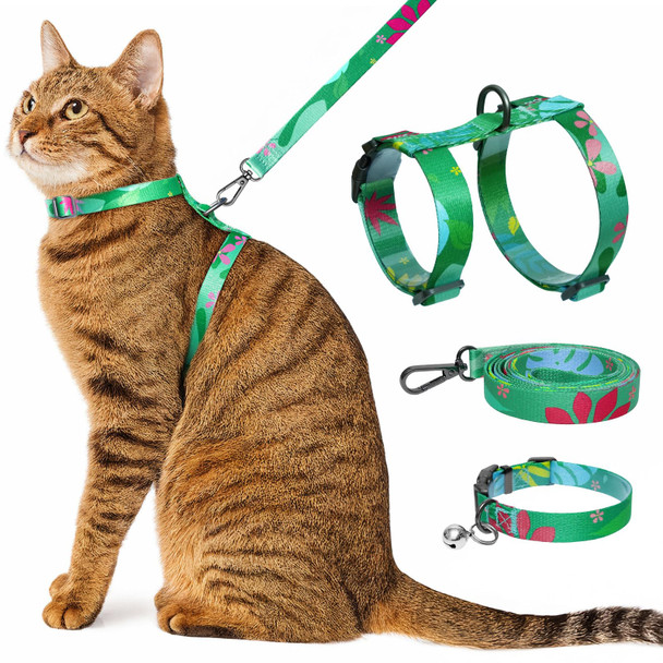Kaazylab Cat Harness And Leash Set With Matching Collar Escape Proof Harness For Cats Adjustable & Lightweight Tropical Hawaiian Leaf Print Easy Wear For Outdoor Walking & Training