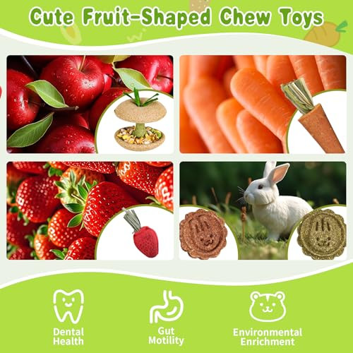 Kagoty 10 Pcs Hamster Chew Toys Guinea Pig Chew Toys For Teeth Natural Timothy Chinchilla Treats Apple Core Grass Cake Carrot And Strawberry For Gerbil Rat Rabbit And Small Animal Dental Care