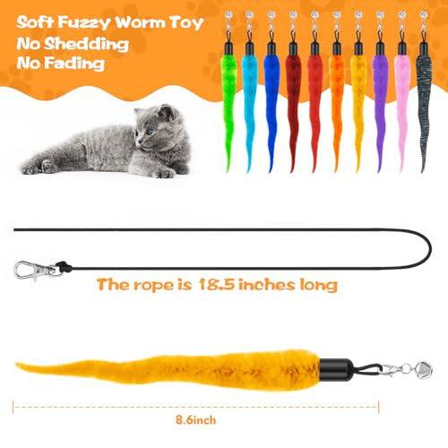 Kerros 10Pcs Cat Worm Toy Cat Wand Attachment Fuzzy Worm Toys Refill With 1Pcs Black String For Wand Replacement Interactive Cats Kittens Toys For Indoor