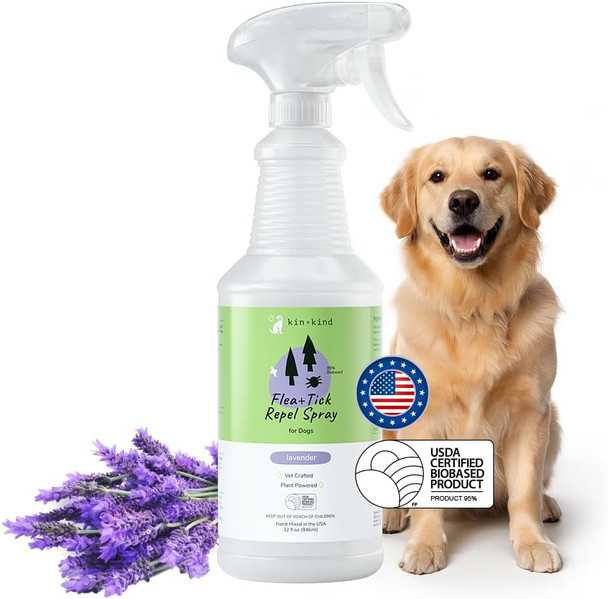 Kin+Kind Flea And Tick Prevention For Dogs Plant Based Flea Spray With Rosemary Lemongrass & Cedarwood Oil Pet Supplies For Bugs And Pests Flea & Tick Pet Spray Prevention - Lavender 32 Fl Oz