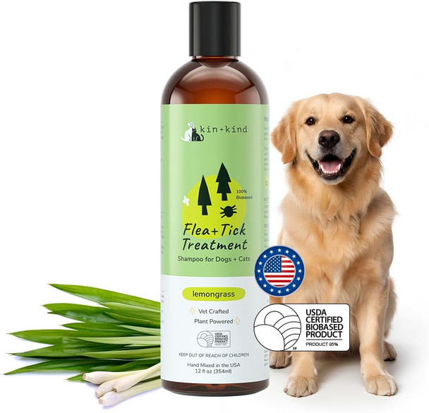 Kin+Kind Dog Shampoo Flea And Tick Vet Formulated - Natural Flea And Tick Prevention For Dogs - Plant Powered Shampoo W/Coconut & Olive Oil - Dog Supplies - Lavender Scent - Made In Usa 12 Fl Oz