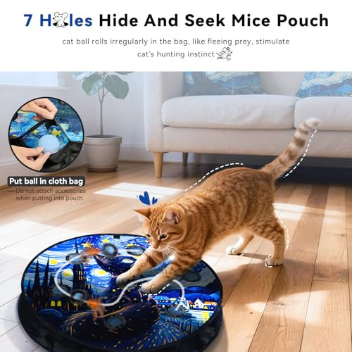Kiwilove Interactive Cat Toy With Motion Activated Ball & 7-Hole Play Mat Hide And Seek Exercise Game For Indoor Cats Automatic Moving Cat Ball In Pouch Rechargeable Kitten Toys