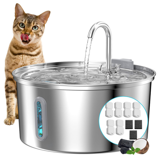 Koogmoon Cat Water Fountain Stainless Steel: 108Oz/3.2L Cat Fountain For Drinking - Pet Water Fountain For Cats Inside - Automatic Cat Water Dispenser Bowl - Cat Feeding & Watering Supplies 6 Filters 3 Sponges