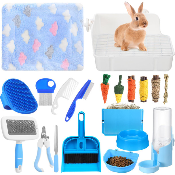 Locmeo 20 Pcs Rabbit Starter Kit Small Bunny Litter Box Animal Grooming Kit With Hanging Pet Bowls Water Bottle Bunny Toys Flannel Blankets With Cleaning Set For Guinea Pig Rabbit Accessories(Blue)