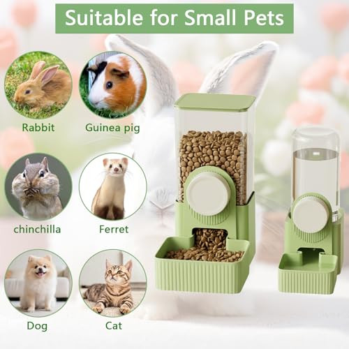 Lolytama Hanging Automatic Pet Food Water DispenserGravity Bunny Water Food Bowl Dispenser For Cage Kitten RabbitPuppy And Chinchilla Hedgehog Ferret (Green)