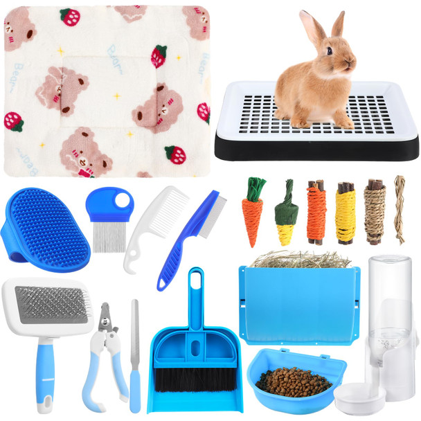 Loyim 19 Pcs Rabbit Starter Kit Small Bunny Litter Box Animal Grooming Kit Water Bottle Bunny Toys Hay Feeder Bowl Blankets With Cleaning Set For Guinea Pig Rabbit Accessories (White)