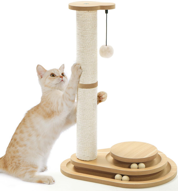 Made 4 Pets Made4Pets Cat Scratching Post Cat Scratcher Kitten Toys For Indoor Cats Wooden Ball Track Two-Layer Modern Sisal 17.7" Tall Scratch Post Interactive Toy With Dangling Ball
