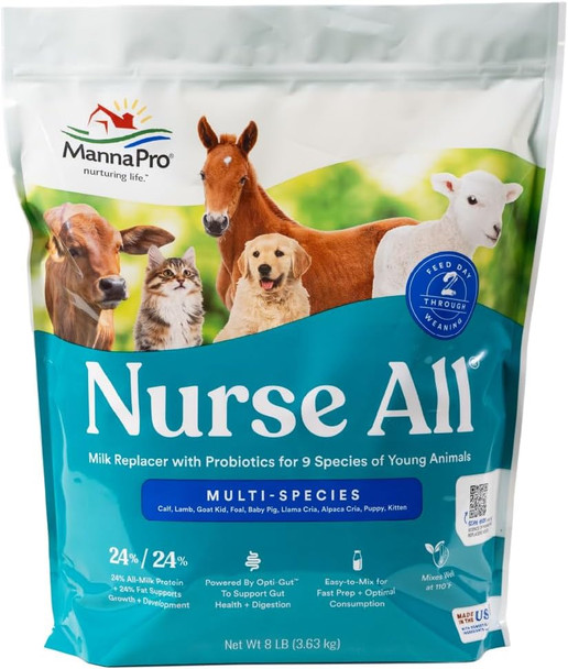 Manna Pro Nurse All Multi-Species Milk Replacer Powered By Opti-Gut To Support Gut Health & Digestion All-Milk Protein Easy-To-Mix Formula 8 Pounds
