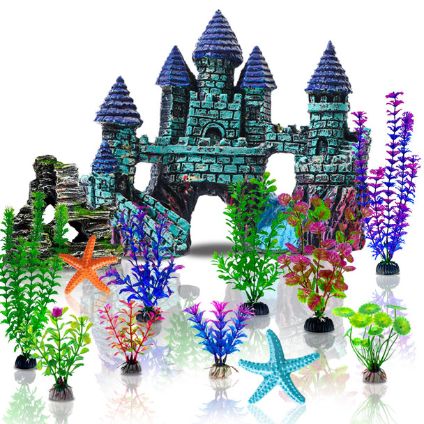 Mechpia 13 Pieces Aquarium Decorations Kit Fish Tank Decorations Set Small Resin Castle And Rockery Betta Fish Cave Hideout Coral Artificial Plastic Plants Ornament Accessories