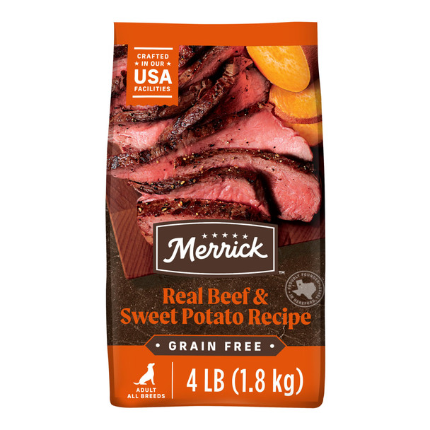 Merrick Premium Grain Dry Adult Dog Food Wholesome And Natural Kibble Real Beef And Sweet Potato - 4.0 Lb. Bag