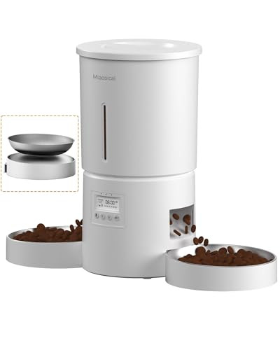 Miaosical Automatic Cat Feeder For 2 Cats6 Meals/Day12 Portions/MealDual Power Double BowlsDry Pet Food Autofeeder10S Voice RecordFlexible Programmable Schedule Timer(WhiteStainless Dual Bowls)