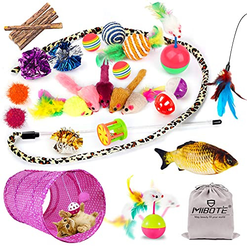 Mibote 28Pcs Cat Toys Kitten Toys Assorted Cat Tunnel Catnip Fish Feather Teaser Wand Fish Fluffy Mouse Mice Balls And Bells Toys For Indoor Cat Puppy Kitty Interactive Cat Toy Set
