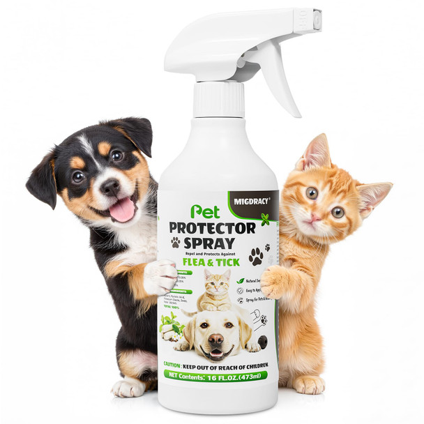 Migdracy Pet Protector Spray For Dogs & Cats 16 Oz Repel Fleas Ticks Mites & Mosquitoes Indoor/Outdoor Home Use Fast-Acting Safe And Easy Application
