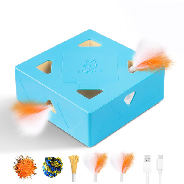 Migipaws Interactive Cat Toys -Migibox For Indoor Bored Cats Automatic Pop Out Feathers From 7 Holes Randomly Motion Activated Usb Rechargeable (Purple Skin)