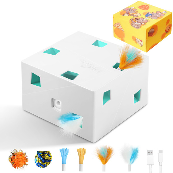 Migipaws Interactive Cat Toys -Migibox For Indoor Bored Cats Automatic Pop Out Feathers From 7 Holes Randomly Motion Activated Usb Rechargeable (Purple Skin)