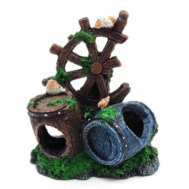 Mipukbay Fish Tank Decoration Broken Ship Wheel & Cask Aquarium Decor Hiding Cave Ornament For Freshwater/Saltwater Safe Landscaping Rock Resin Decoration For Betta Fish Goldfish And Aquatic Pets