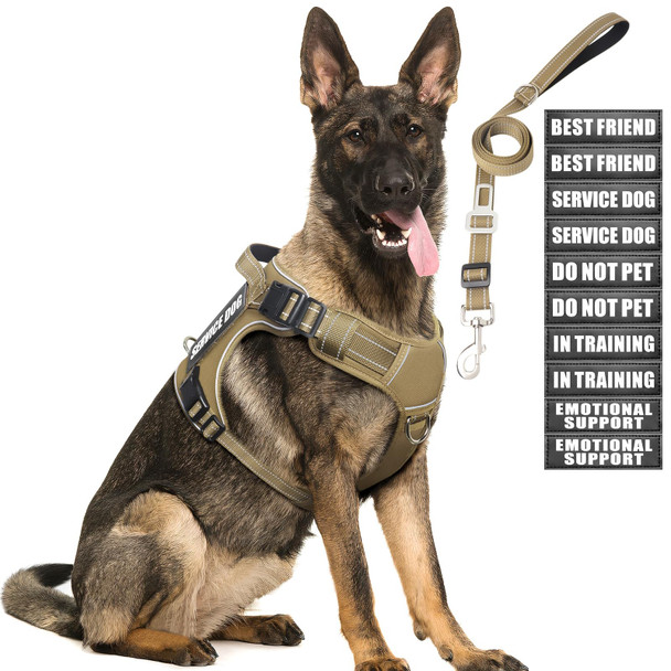 Moogrou Tactical Dog Harness And Leash Set Medium Sized DogHeavy Duty No Pull Service Dog Vest And 10 Patches With Dog Seat BeltReflective Adjustable Pet Harness For Training Walking Hiking Camo M