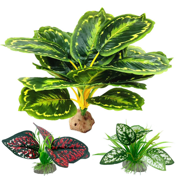 Moonorange Reptile Artificial Plants Terrarium Plants Decorations Supplies Aquarium Fish Tank Plant Amphibian Habitat Hideout Tank Accessories(L Set-3Pcs/C)