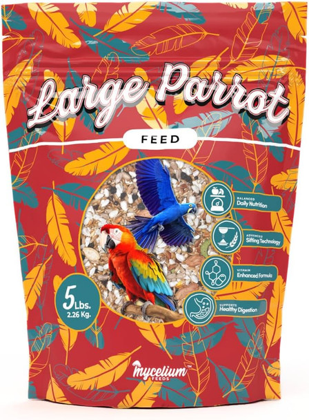 Mycelium Organic Large Parrot Feed (5 Lb Bag) Bird Food For Macaws Cockatoos & S High-Protein Seed Pellet & Kibble Blend Supports Digestion & Energy Made In Usa Non-Gmo