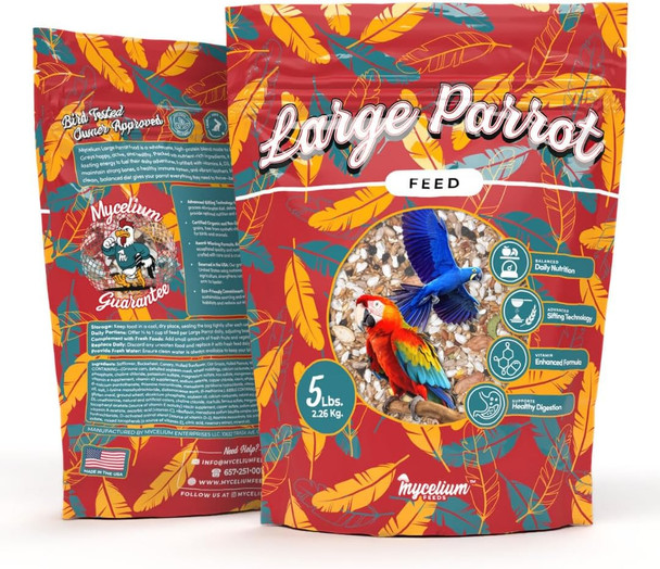 Mycelium Organic Large Parrot Feed (5 Lb Bag) Bird Food For Macaws Cockatoos & S High-Protein Seed Pellet & Kibble Blend Supports Digestion & Energy Made In Usa Non-Gmo