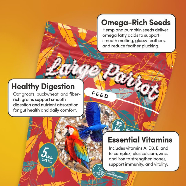 Mycelium Organic Large Parrot Feed (5 Lb Bag) Bird Food For Macaws Cockatoos & S High-Protein Seed Pellet & Kibble Blend Supports Digestion & Energy Made In Usa Non-Gmo