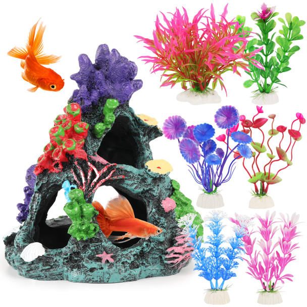 Mylifeunit Fish Tank Plants 7 Pieces Colorful Aquarium Plants And Coral Reef Set For Fish Tank Decoration Mountain Cave Ornament For Betta Goldfish To Breed Play And Rest