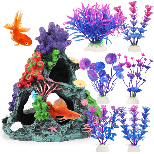 Mylifeunit Fish Tank Plants 7 Pieces Colorful Aquarium Plants And Coral Reef Set For Fish Tank Decoration Mountain Cave Ornament For Betta Goldfish To Breed Play And Rest