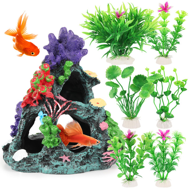 Mylifeunit Fish Tank Plants 7 Pieces Colorful Aquarium Plants And Coral Reef Set For Fish Tank Decoration Mountain Cave Ornament For Betta Goldfish To Breed Play And Rest