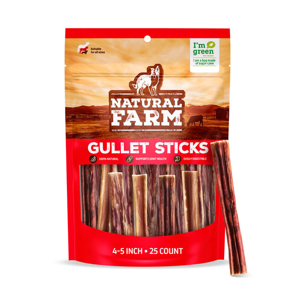Natural Farm Gullet Sticks (6 Inch 25 Pack) Grain- Preservative- & Fully Digestible Beef Esophagus Gentle Yet Effective Fun - Best For Light Pups & Senior Chewers
