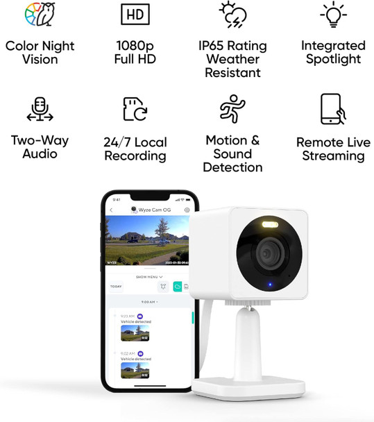 WYZE Cam OG Indoor/Outdoor 1080p WI-Fi Smart Home Security Camera with Color Night Vision, Built-in Spotlight, Motion Detection,2-Way Audio, Compatible with Alexa & Google Assistant,White (Pack of 2)