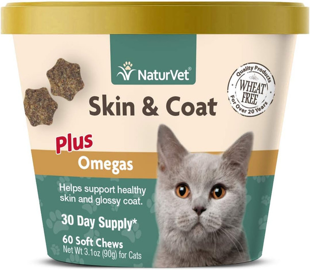 Naturvet Skin & Coat Plus Omegas For Cats 60 Soft Chews Supports Healthy Skin & Glossy Coat Enhanced With Omega-3 Omega-6 & Biotin 30 Day Supply