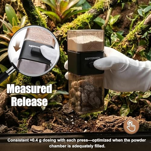 Neptonion Metered Dose 0.4 G/Press Reptile Calcium Powder Mixer Cricket Keeper Dispenser Feeder One-Click No-Mess Duster For Chameleon Gecko Lizard & Frog