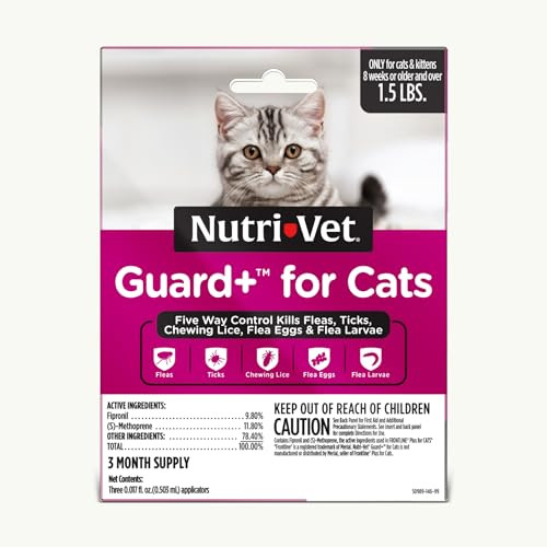 Nutri-Vet Guard+ For Cats Flea And Tick Prevention Spot On Drops Topical Treatment For Cats 1.5 Lbs And Up Kitten Essentials Waterproof Formula 3 Monthly Doses 90 Days Of Protection