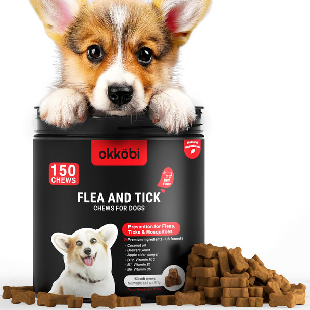 Okk Bi Flea And Tick Prevention Chewables For Dogs - 150 Chews - Flea & Tick Control - Vet-Approved Oral Treatment - Chicken Flavor - Us-Made