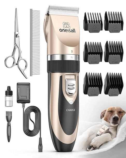 Oneisall Dog Clipper Low Noise Dog Grooming Kit With Rechargeable Pet Shaver Cordless Electric Quiet Hair Clipper Set For Dogs Cats Pets Gold