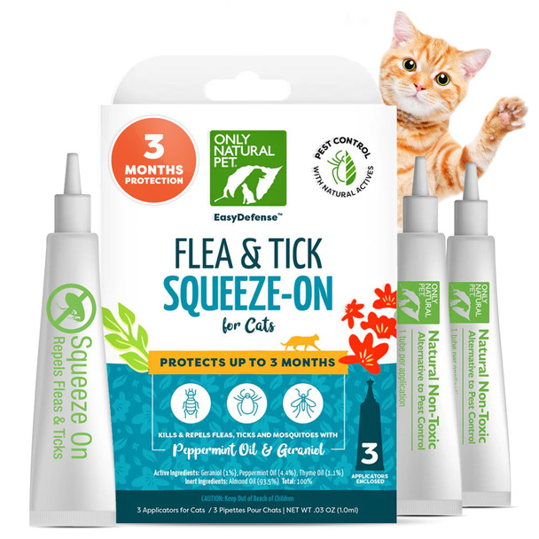 Only Natural Pet Flea And Tick Prevention For Cats - Easydefense Remedy For Your Pets - Natural Care Control Squeeze-On Drops - Tick And Flea Protection - Three Months Supply (Single)
