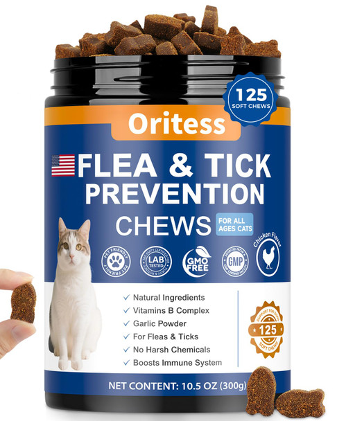 Oritess Flea And Tick Prevention For Cats Chewable 200 Natural Soft ChewsFlea Supplement For Kitten Cat Skin & Coat Support For Cats All Breeds & Ages - Chicken Flavor