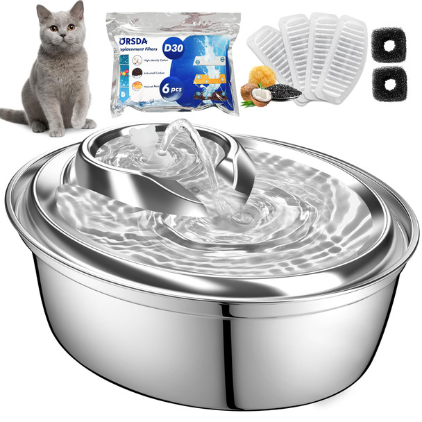 Orsda Cat Water Fountain Stainless Steel 2L Pet Fountain For Cats Inside Dog Water Dispenser Automatic Cat Drinking Fountains With 6 Replacement Filters For Cats Small Dogs