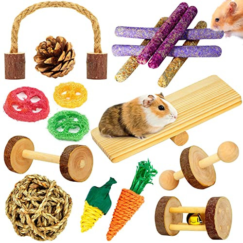 Overtang Hamster & Guinea Pig Toys - 18 Pcs Wooden Small Animal Chew Toys For Teeth - Rabbit Chinchilla Gerbils Rats Exercise Accessories
