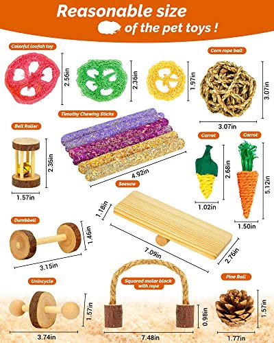 Overtang Hamster & Guinea Pig Toys - 18 Pcs Wooden Small Animal Chew Toys For Teeth - Rabbit Chinchilla Gerbils Rats Exercise Accessories