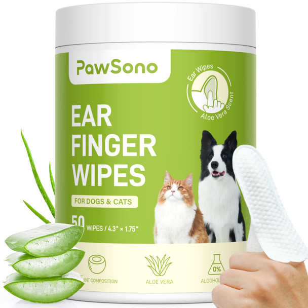 Pawsono Ear Finger Wipes For Dogs & Cats Thicker Dog Ear Cleaner Wipes Natural Relief Cat Ear Cleaner Dog Pet Health Supplies For Dog Small Animal Cat Aloe Scent Deodorizing - 50 Count