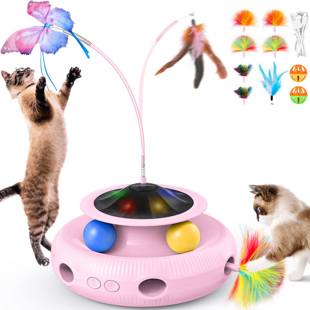 Pawtners Interactive Cat Toy 4 In 1 Automatic Interactive Kitten Toys For Indoor Cats Rechargeable With Fluttering Butterfly Track Balls And Ambush Feather