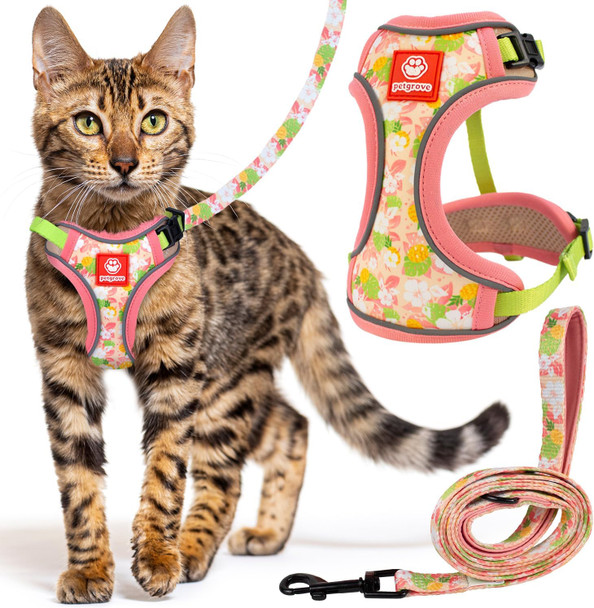 Petgrove Cat Harness And Leash Set For Walking Escape Proof Vest Harnesses For Cats Breathable Mesh With Reflective Strips - (Neon Nights) Small
